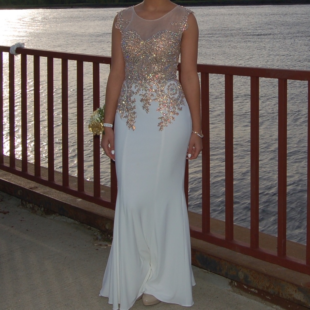 White Jasz Couture Prom Dress with Gold Lace and Beading (Size 00)